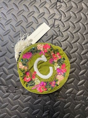 Anthropologie "C”Monogram Beaded Green Leather Round Clutch Bag